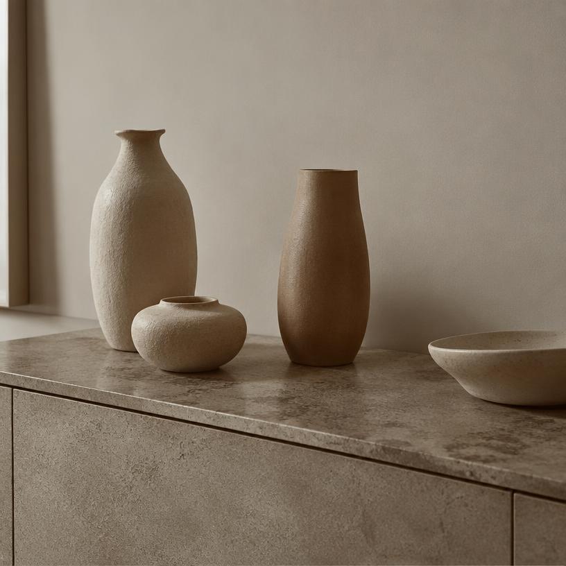 Ceramic vases on a stone sideboard