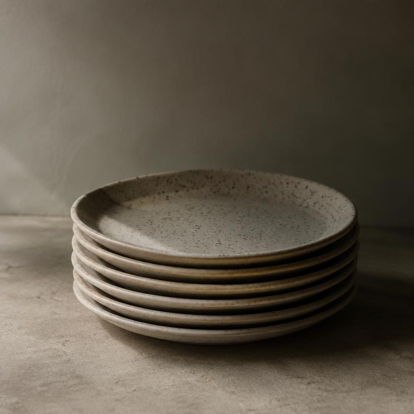 Stack of speckled clay plates