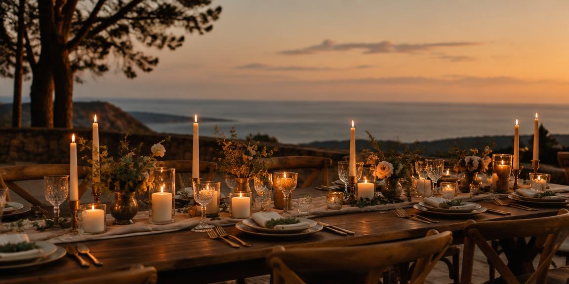 Styled dinner table at dusk with candles