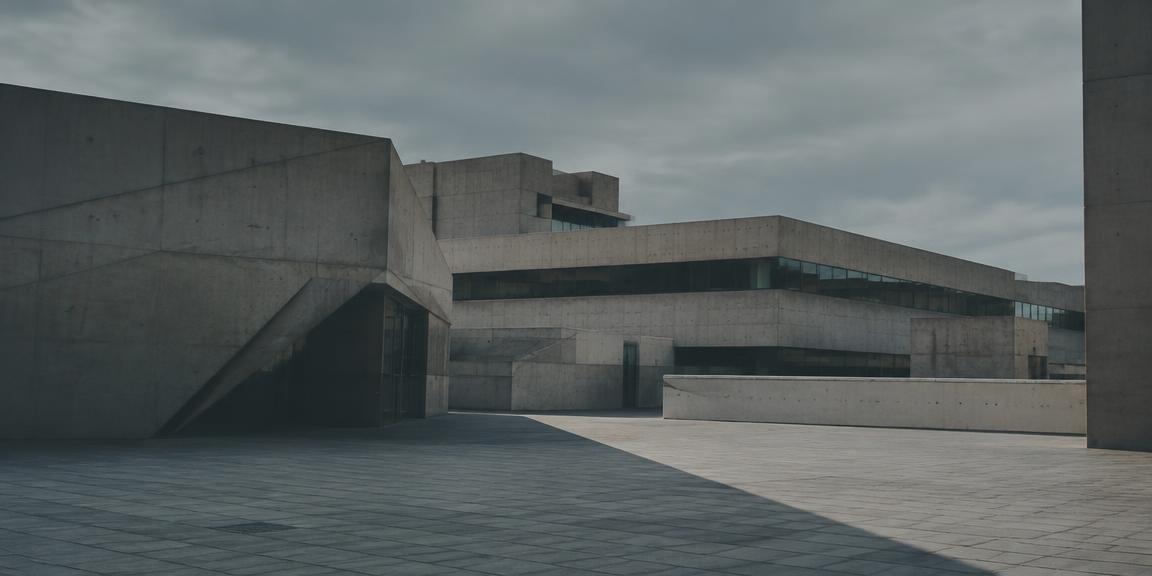 Brutalist plaza with geometric shadows
