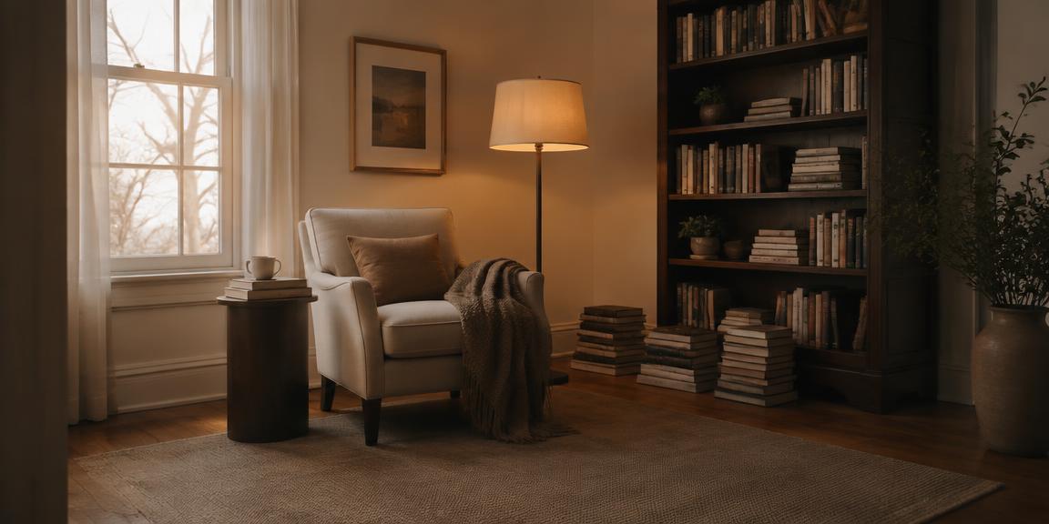 Quiet reading nook with floor lamp and stacked books