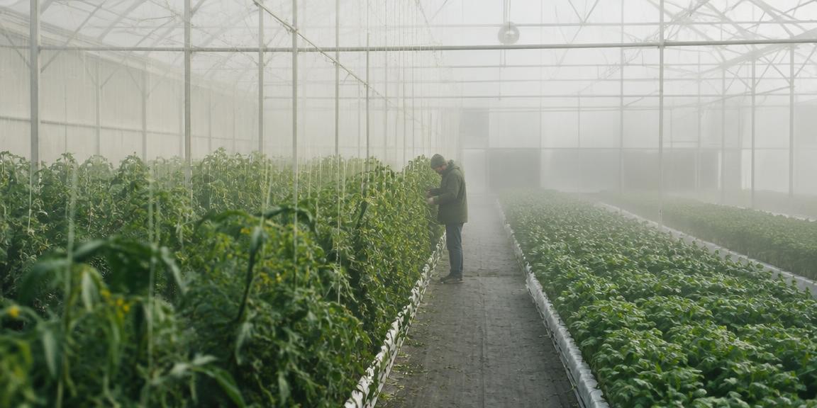 Misty greenhouse interior with rows of greenery