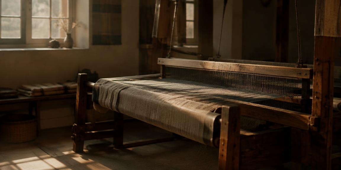 Loom with threads stretched in warm light
